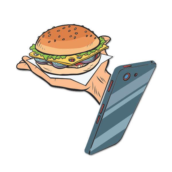 Smartphone showing targeted ad of hamburger coming out of phone.
